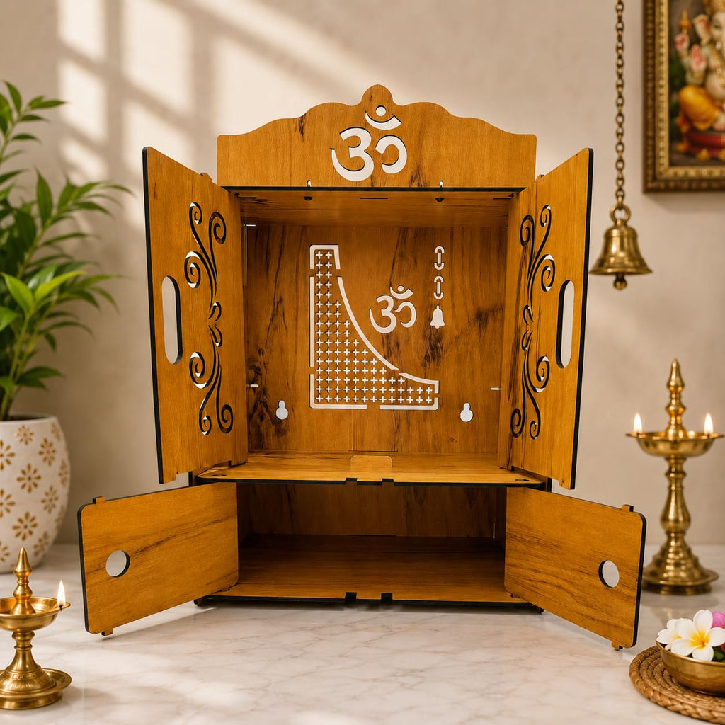 Privla Wooden DIY Home Temple with Door & Drawer Pooja Mandir Engineered Wood with Storage Space | Wall Hanging & Floor Resting Mandir for Home 32 * 30 * 30