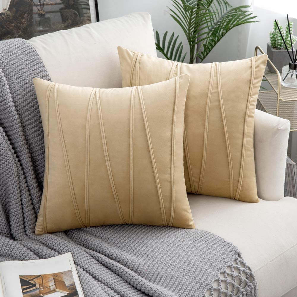 Khooti Velvet Striped Cushion Cover Pack of 1-38 x 38 / 97 x 97 cm | Wheat | Soft Pillow Covers Cushion Case for Sofa Bedroom Livingroom Chair Car, Cushion Cover with Zig Zag Pattern