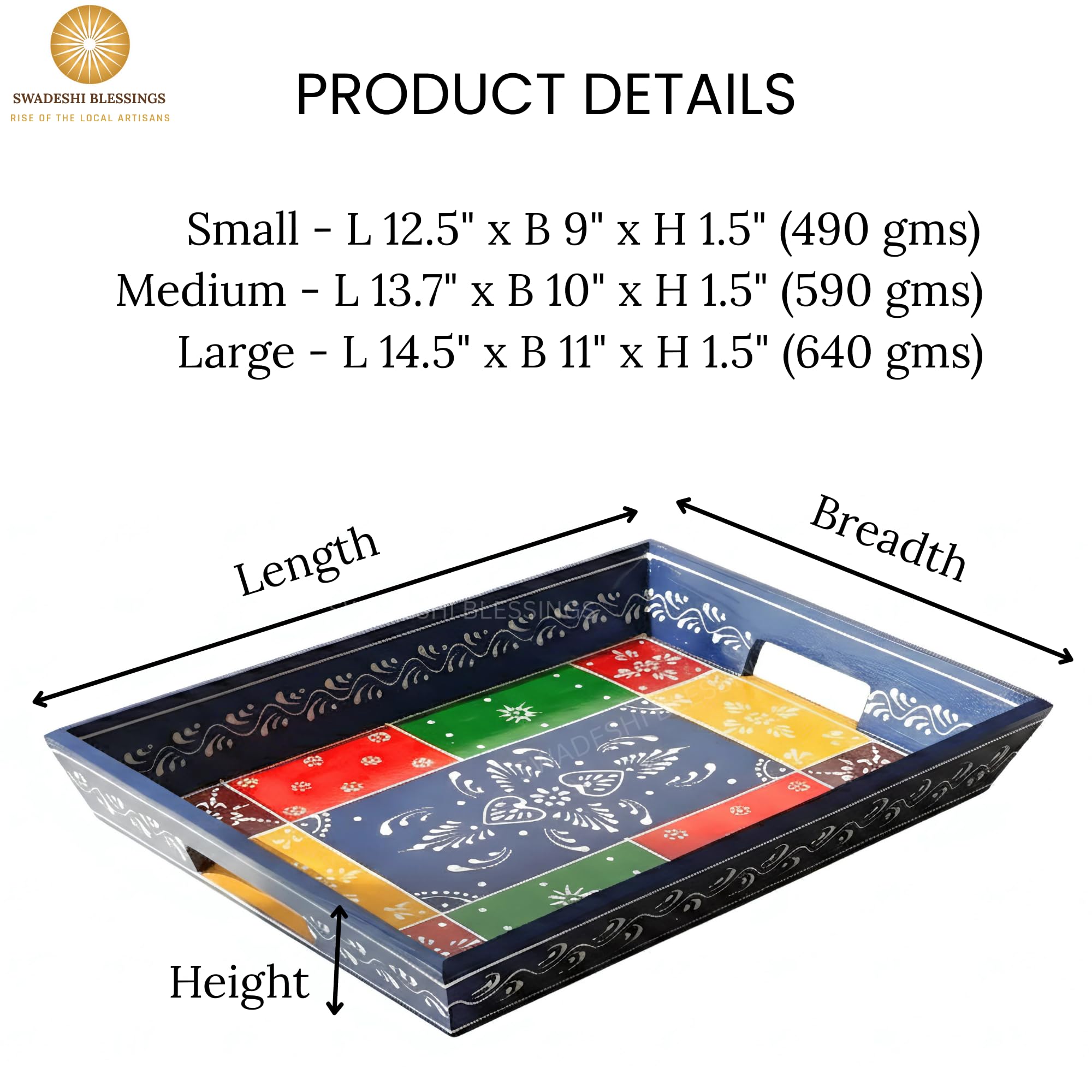 Swadeshi Blessings Wooden Serving Tray Set- Handcrafted & Hand-Painted for Kitchen/Table & Home Decor/Dinning/Gifts/Restaurants/Living Room/Coffee Table (Set of 3 Trays) (Blue)(Rectangular)