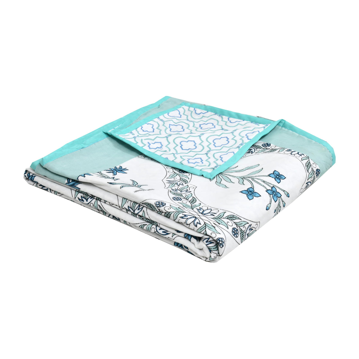 BLOCKS OF INDIA Hand Block Printed Cotton Single Size Reversible Malmal Dohar for Summer (Turq BEL) Kafalo