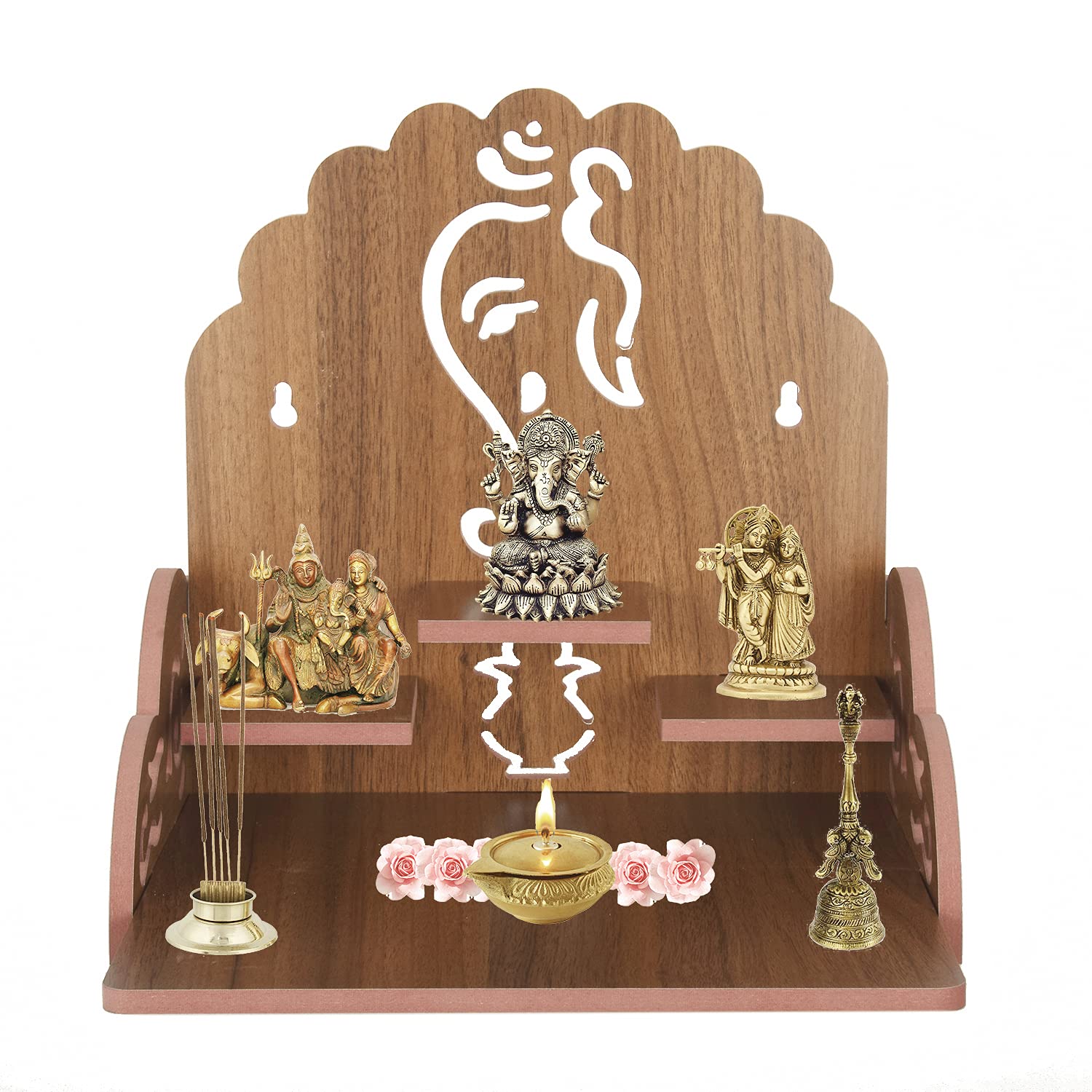 Lakhaji Wooden Wall Mounted Hanging Puja Temple Wood God Stand for Pooja Room (Brown)