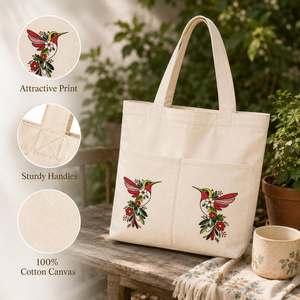 Suryatra Enchanted Hummingbird Canvas Tote Bag for Women & Men | Premium Cotton Canvas Shoulder Bag with Dual Front Pockets | Tote Bag for Office, College, Shopping & Travel | 14 x 16 Inches