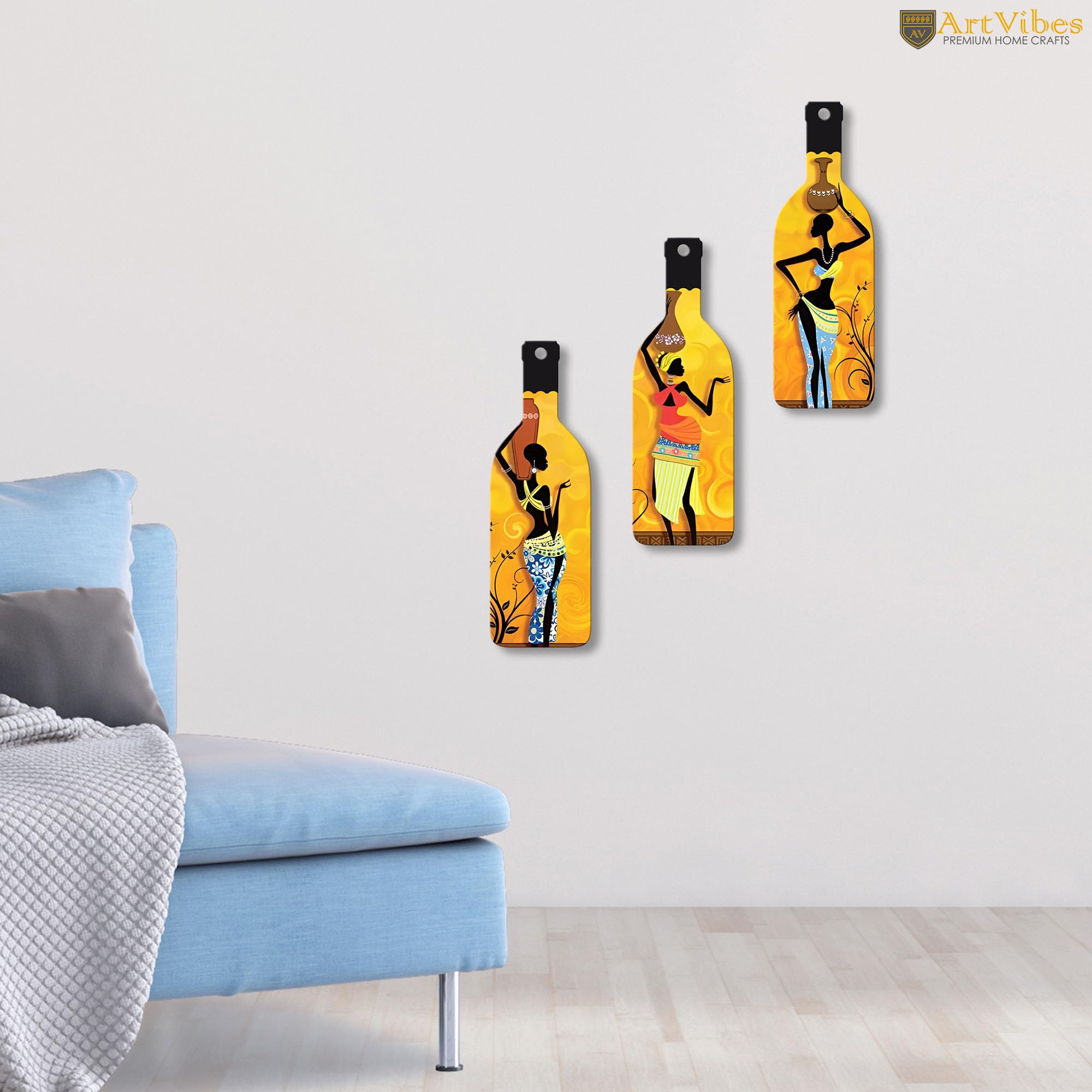 Artvibes African Women Warli Art Decor Bottle shaped Wooden Wall Hanging | Living Room | Handcrafted Art | Wall Illustrations | Art Prints | Aesthetic Wall Art | Ideal Gifts (WH_9508N), Set of 3
