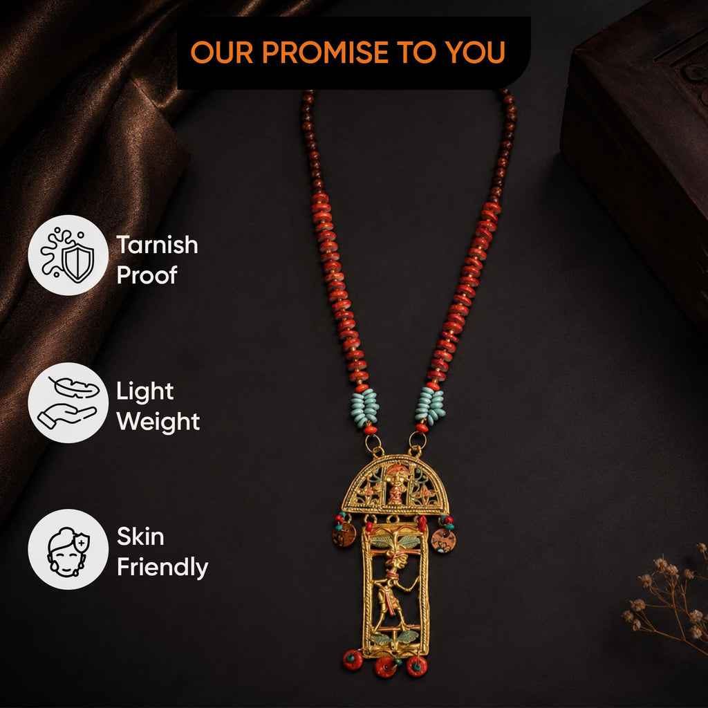 AAKRITI ART CREATIONS Antique Hymn Handcrafted Ethnic Long Necklace for Women | Boho Beaded Pendant | Long Boho Necklace for Women | Handmade Jewellery Gift