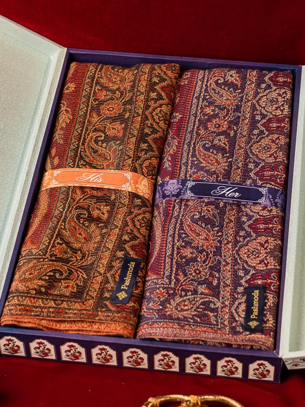 Pashmoda His and Her Gift Set of Jamawar shawls With Wooden Gift Box