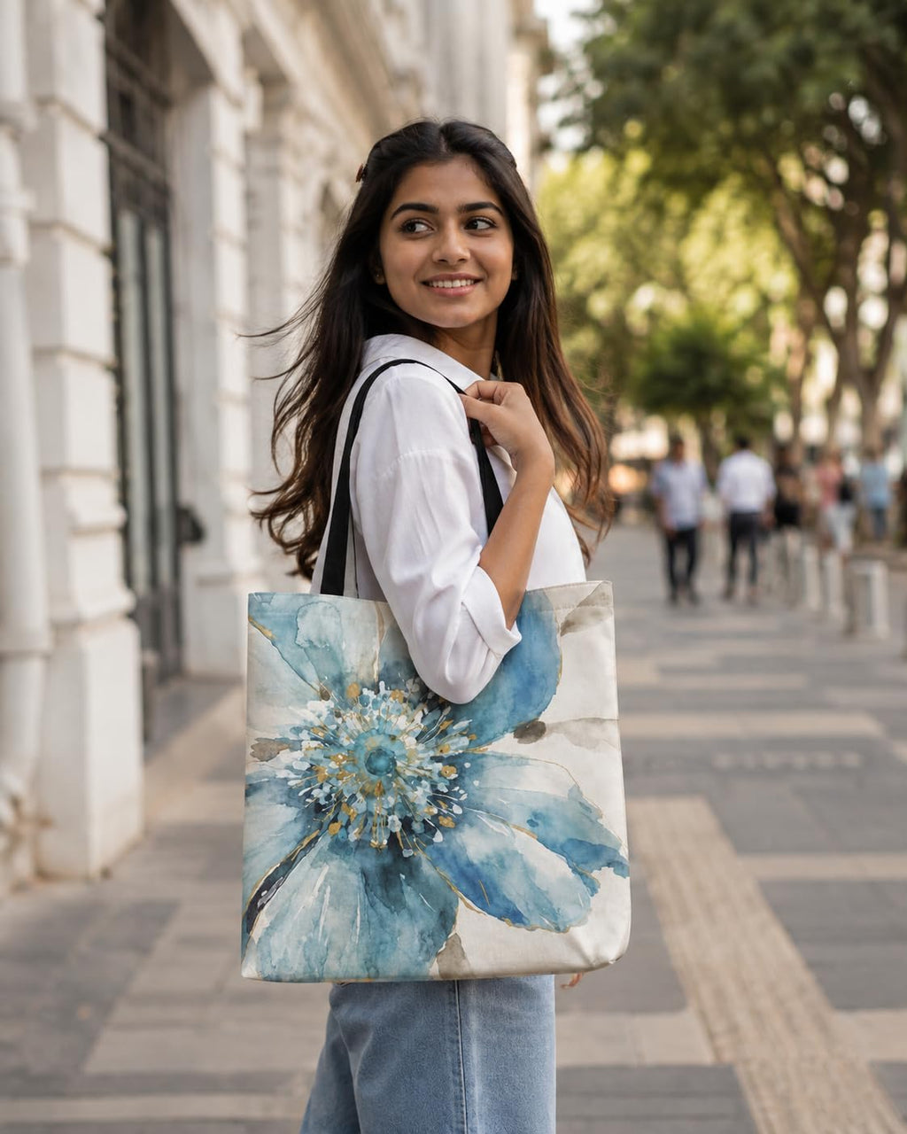 HOMELYA Large Cotton Canvas Zippered Tote Bag for Women | Reusable Eco-Friendly Shoulder Carry Bag | Spacious Shopping, Office & College Handbag (Blue Flor Print)