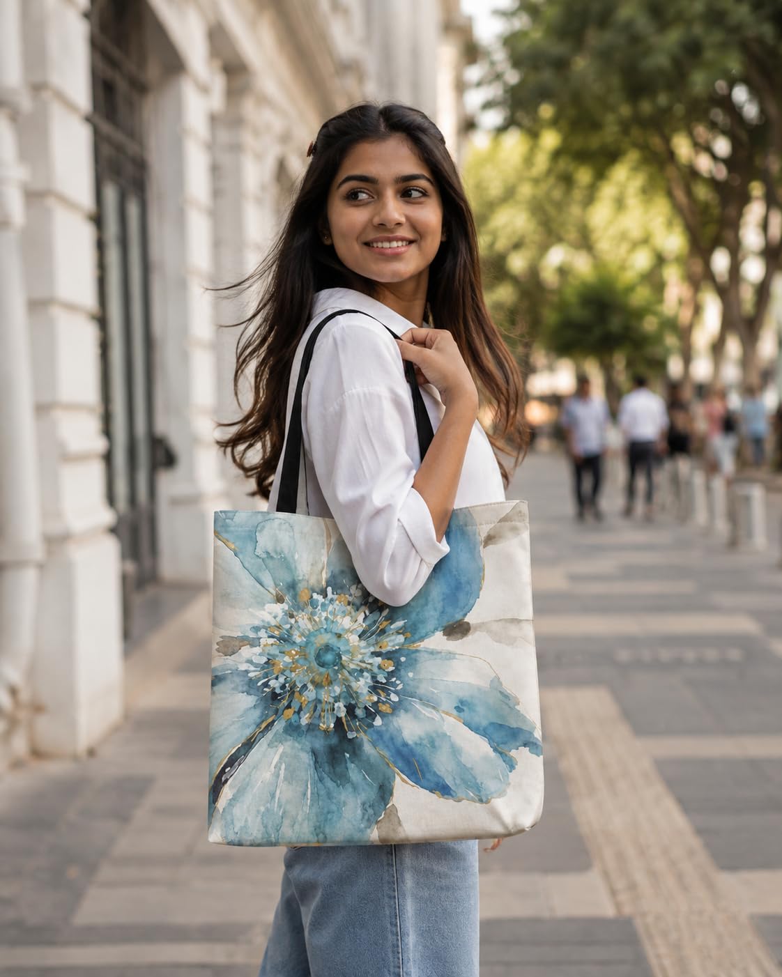HOMELYA Large Cotton Canvas Zippered Tote Bag for Women | Reusable Eco-Friendly Shoulder Carry Bag | Spacious Shopping, Office & College Handbag (Blue Flor Print)