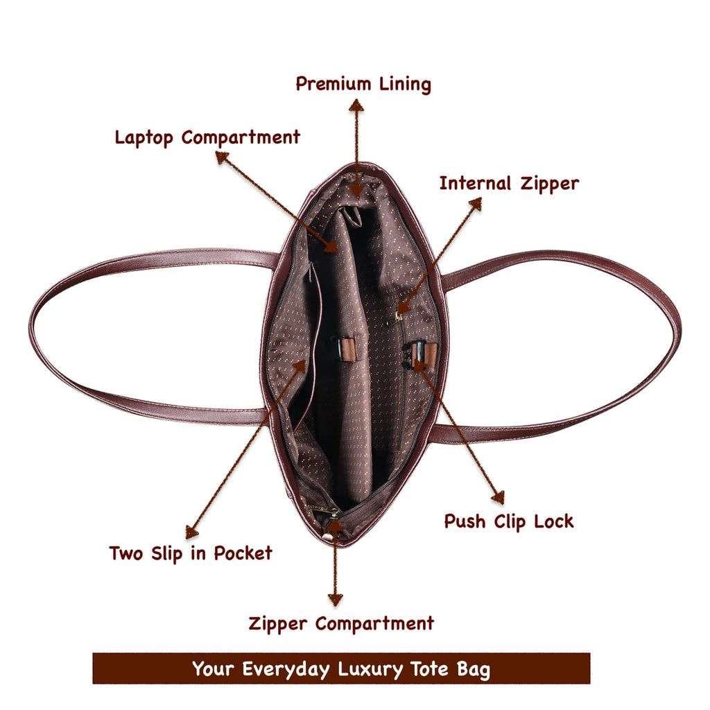 Pramadda Pure Luxury Fiona Brown Tote bags for women office use | hand bags for women | Laptop Bag for Woman 15.6 inch | College bags for girls stylish | Daily Use Travel Tote.