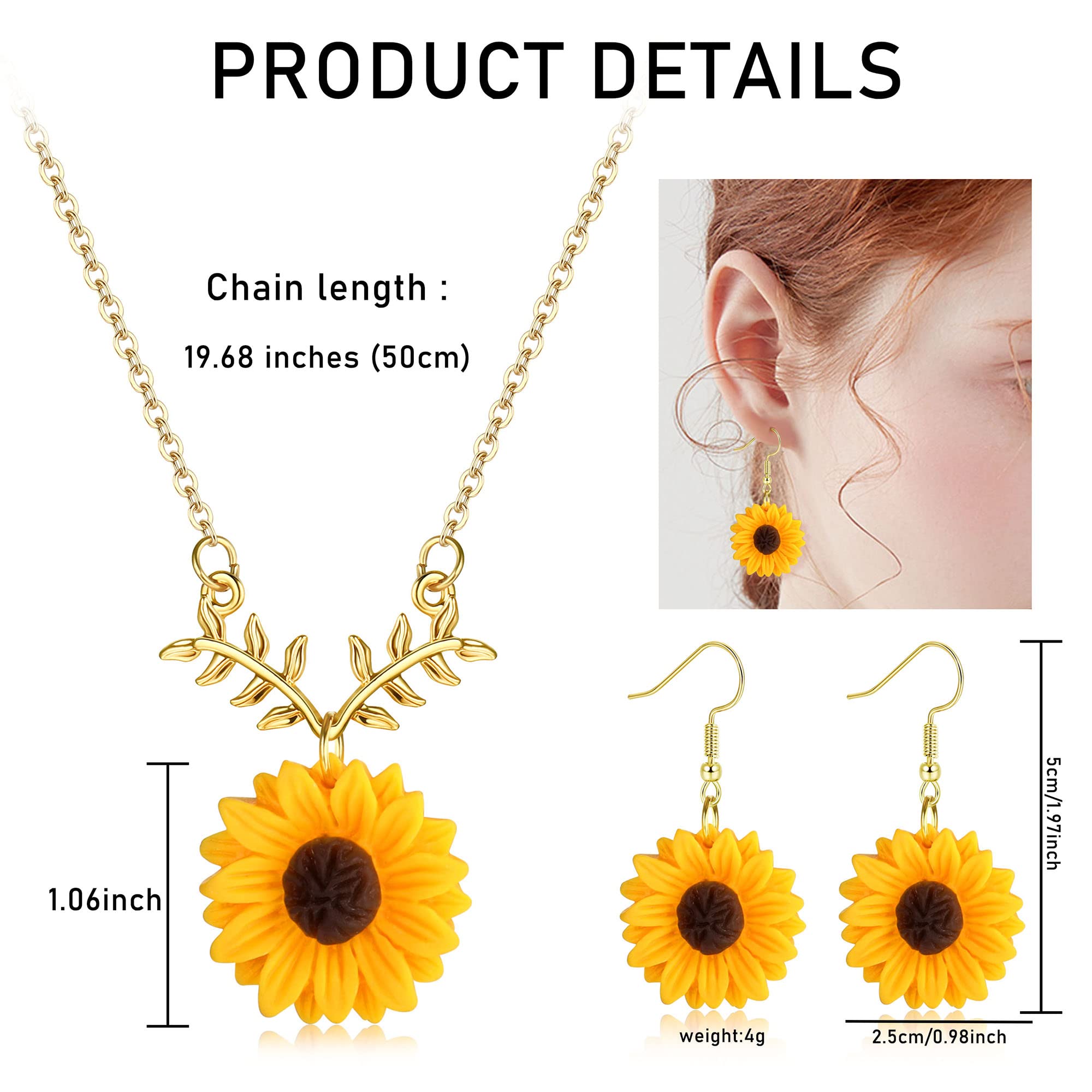 HAIAISO Sunflower Dangle Drop Earrings Sunflower Necklace for Women Handmade Sunflower Jewelry Set Gift, No Gemstone