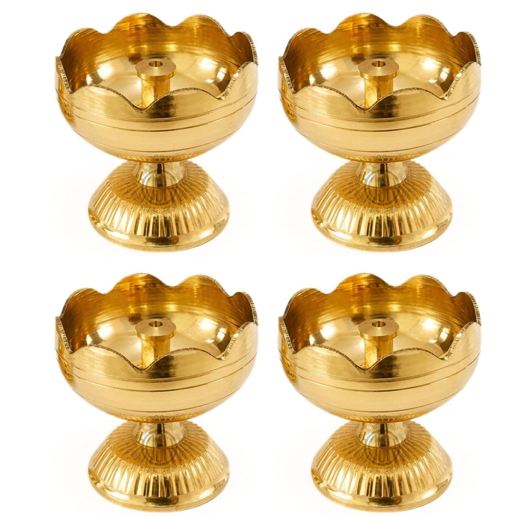 Brass Diya Pure Brass Traditional Oil Puja Lamp for Temple, Mandir, Festival Decoration, Home Decor & Diwali Gift (Flower Bloom, Set of 4)