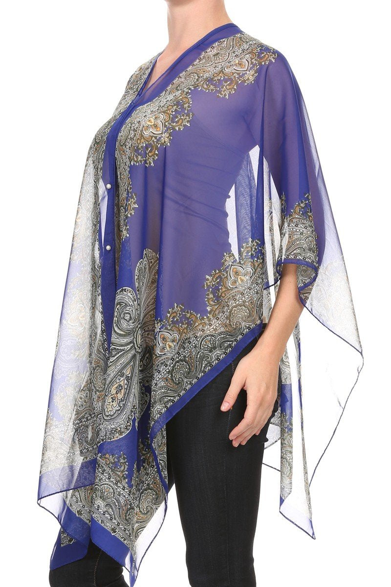 LL Womens Blue Light Weight Bohemian Poncho See Through Top Summer Scarf
