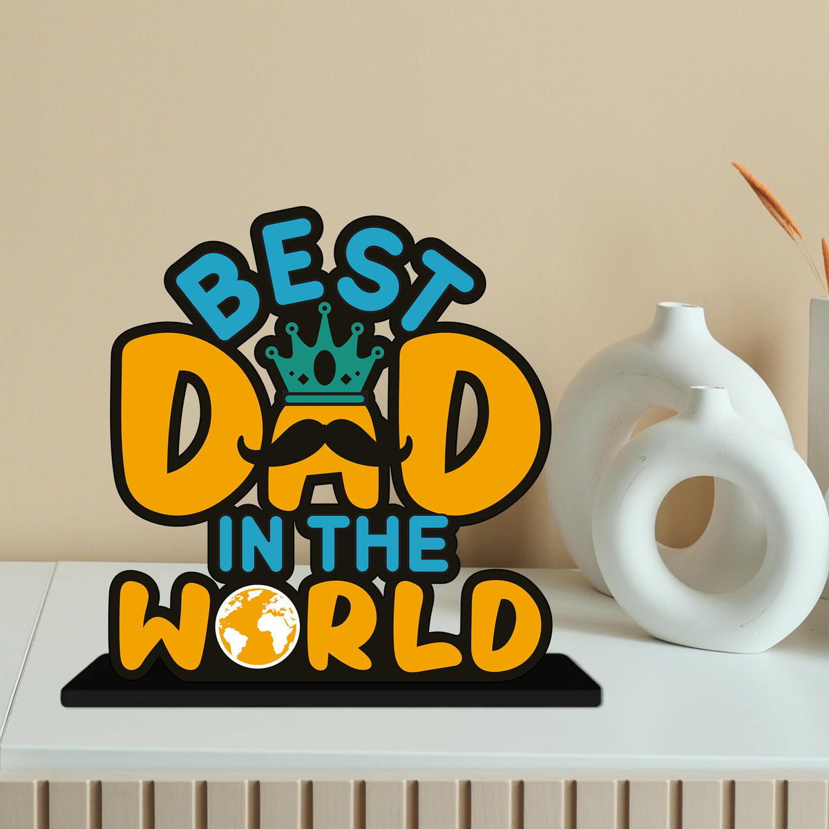 Artvibes Best Dad in the World Quotes Table Decor for Office Desk | Home Decoration Items | Living Room | Modern Art Wooden Showpiece Decorative Gift item (SP_1190)