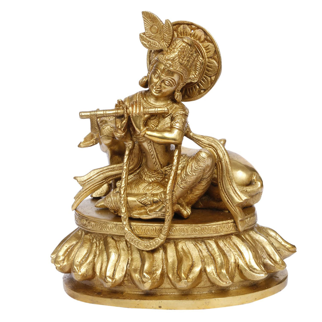 ARTVARKO Brass Krishna with Cow Playing Flute Sitting on Lotus Idol (Standard Size, Height 8.5 Inches)