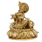 ARTVARKO Brass Krishna with Cow Playing Flute Sitting on Lotus Idol (Standard Size, Height 8.5 Inches)