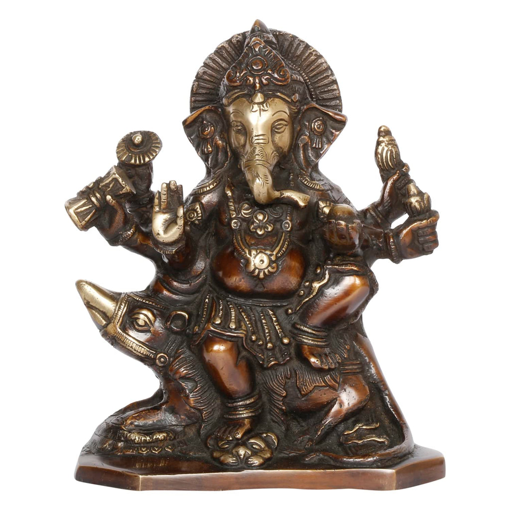 ARTVARKO Brass Ganesh Six Arms Ganesha Sitting on Rat Statue Idol for Temple Puja Home Entrance Decor Luck Gift Height 8 Inch