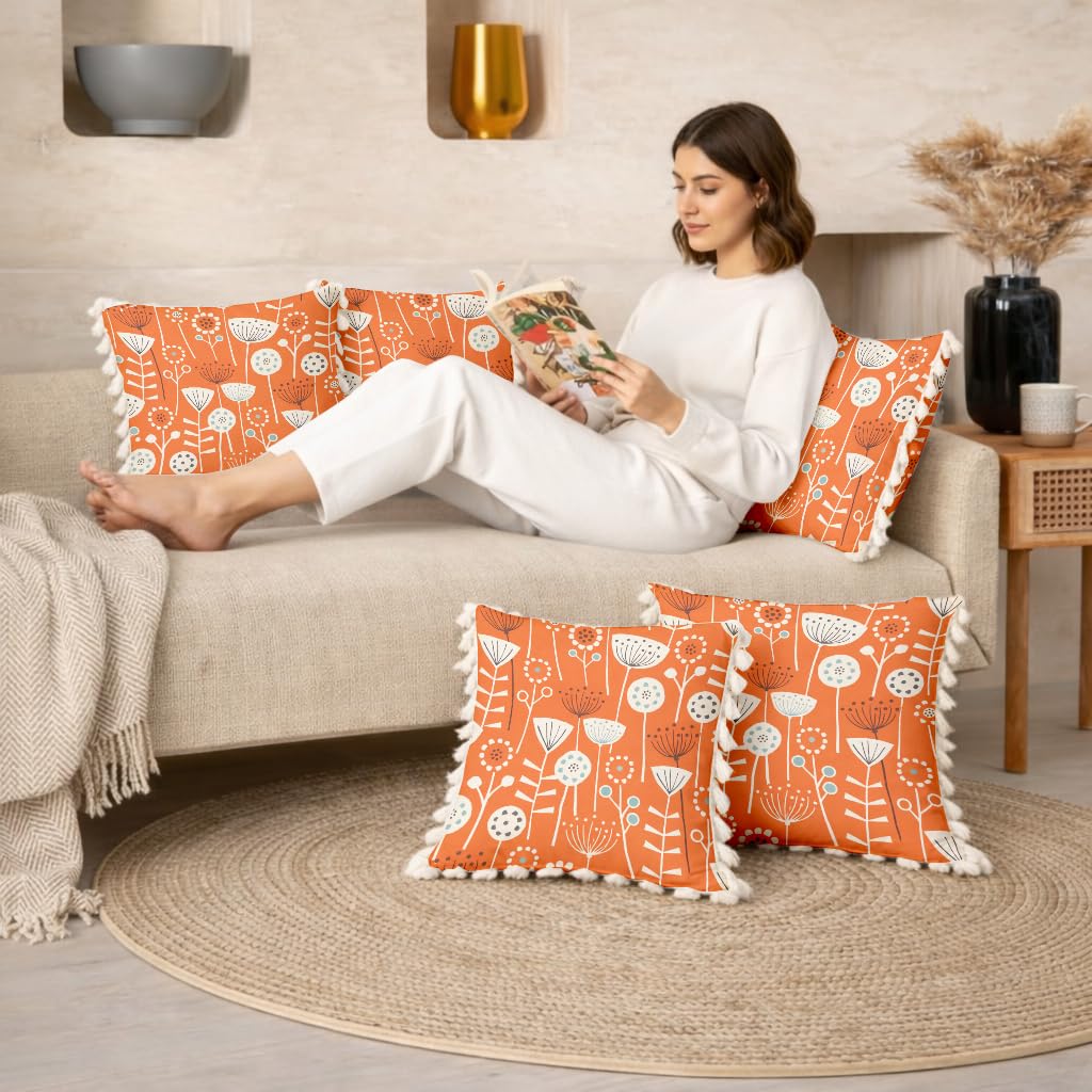 STITCHNEST 'Little Meadow Series' Tassled Cushion Cover | Set of 2 | Floral Cushion Cover 24 inch x 24 inch