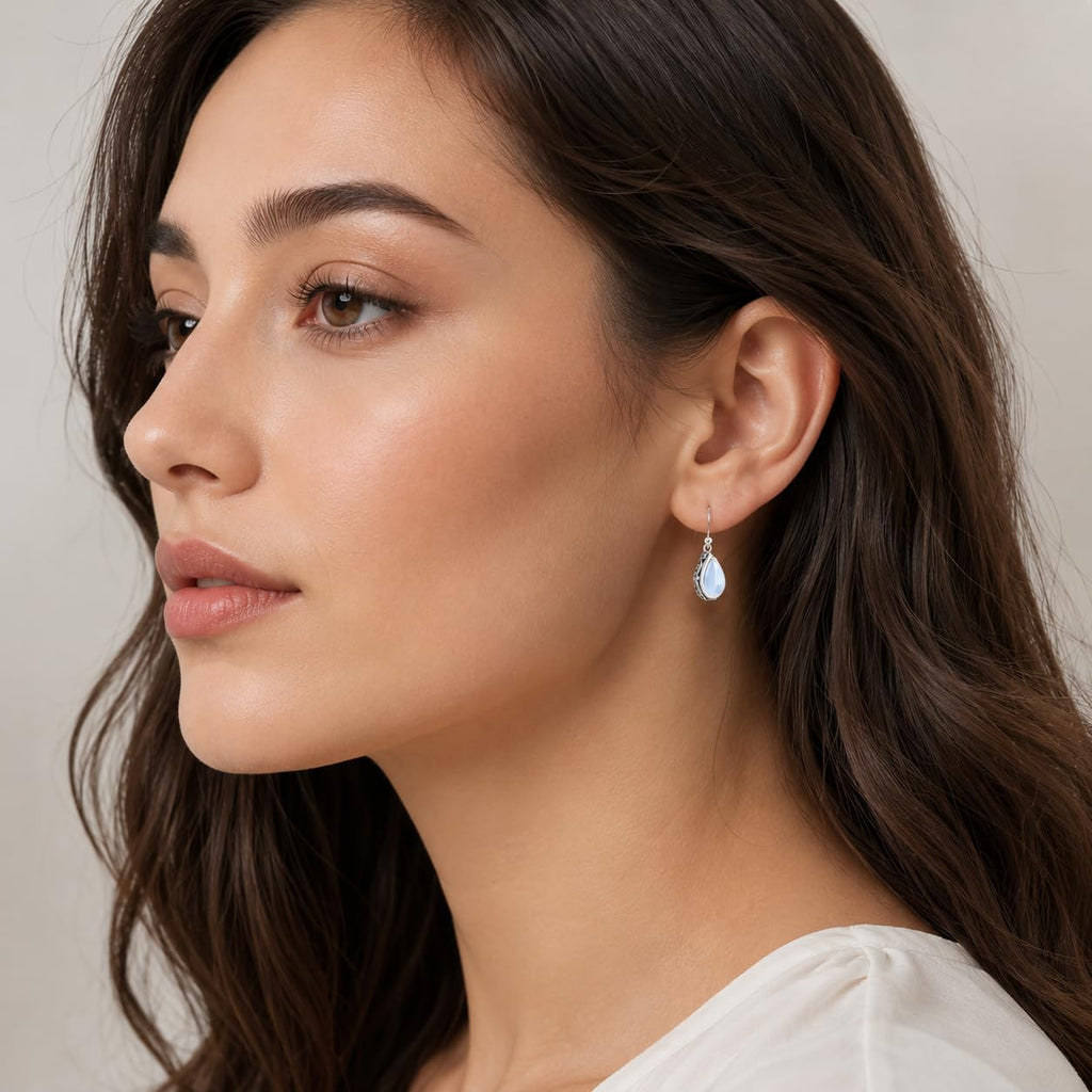 El Regalo Small Vintage Teardrop Earrings for Girls & Women- Elegant Filigree Carved Boho Dangle Earrings, Cut Stone Drop Earrings, Jewelry Gift (White)