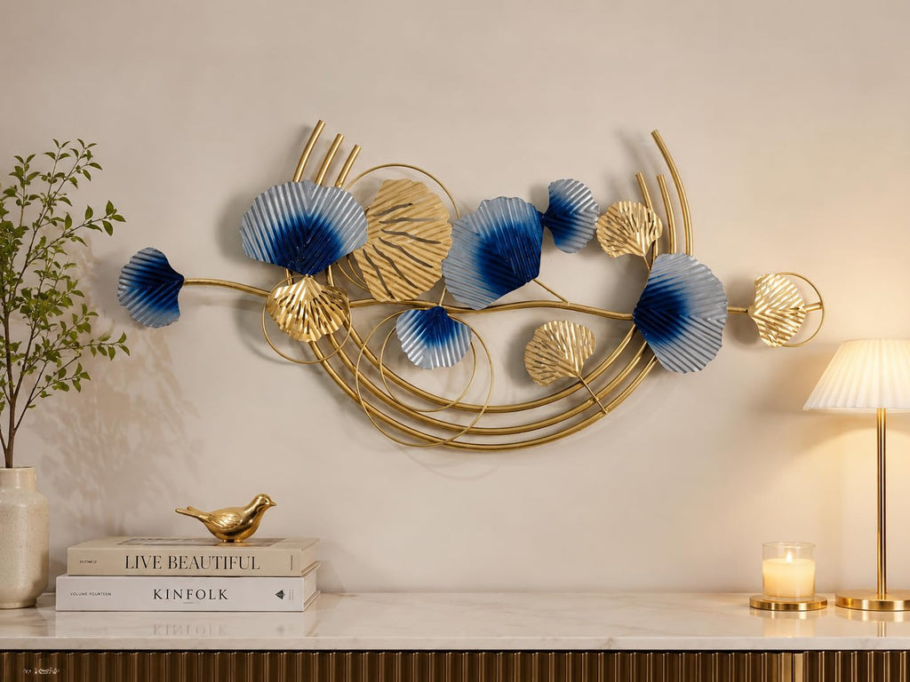 Mahira Artefacts Luxury Metal Wall Art, Blue and Gold Ginkgo Leaf 3D Wall Hanging, Modern Iron Sculpture for Living Room, Bedroom and Dining Hall