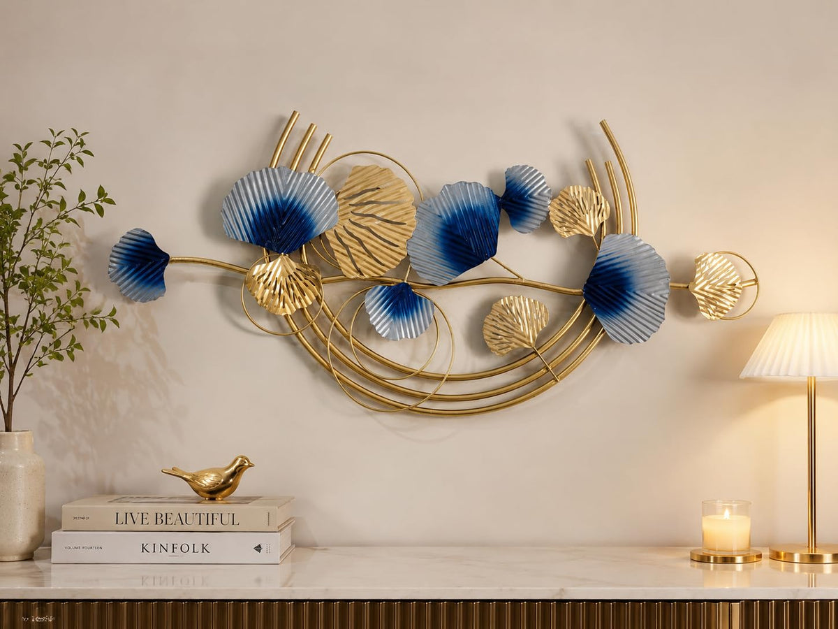 Mahira Artefacts Luxury Metal Wall Art, Blue and Gold Ginkgo Leaf 3D Wall Hanging, Modern Iron Sculpture for Living Room, Bedroom and Dining Hall