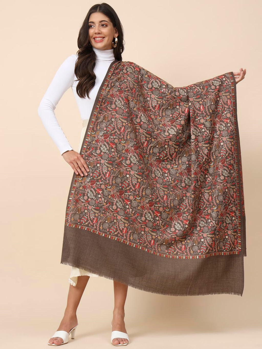 Pashmoda Women Gilkaari Pure Wool Embroidered Shawl (Size 101X203 CM)