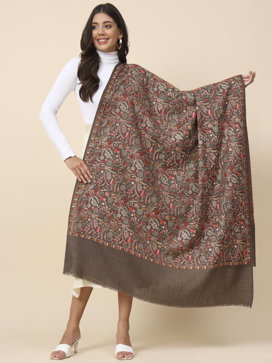 Pashmoda Women Gilkaari Pure Wool Embroidered Shawl (Size 101X203 CM)