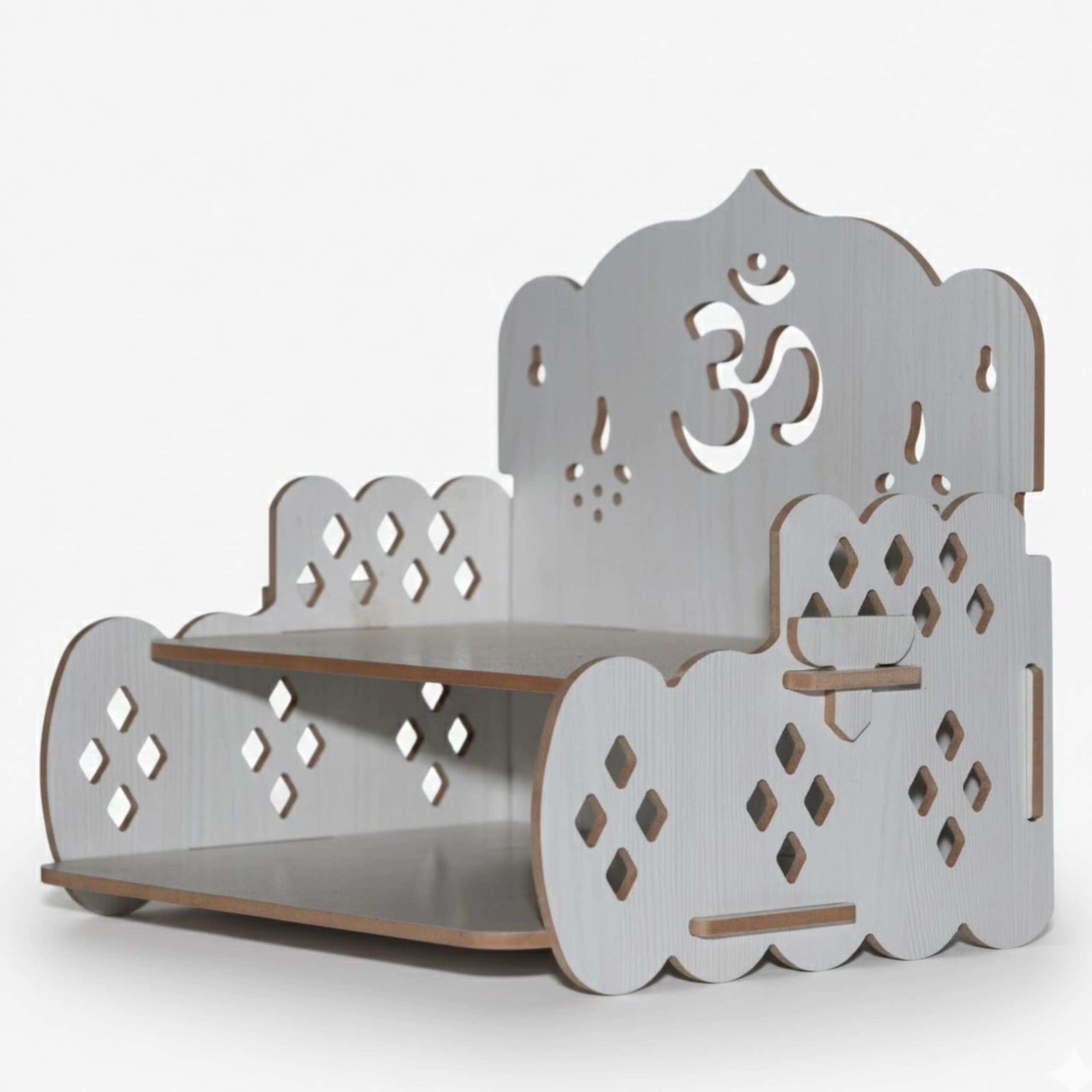 AR ART Wall Mounted Wooden Pooja Mandir for Home | Two Tier Temple Shelf with Om Design | White Prayer Shelf for Idols Diya & Pooja Items | Home Temple Decor