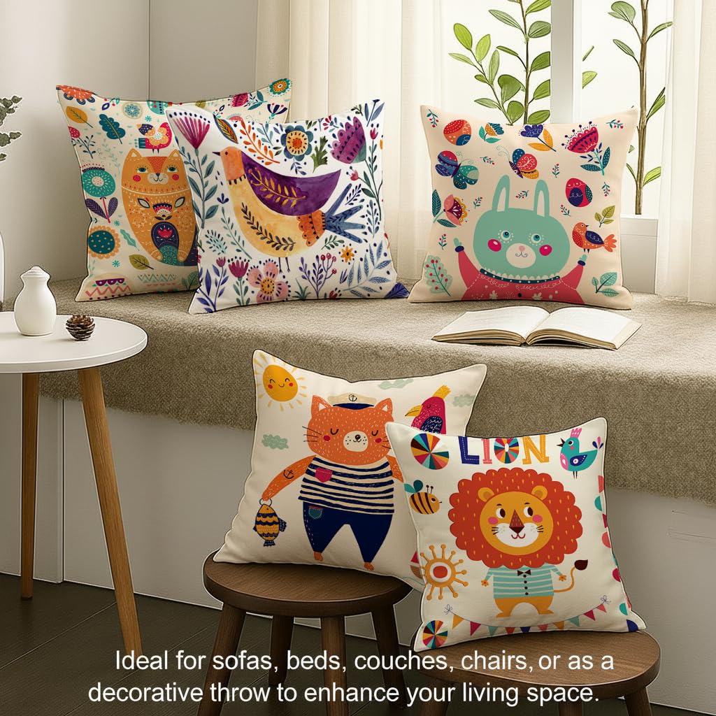 STITCHNEST Set of 5 Folk Art Animal Fantasy Collection Printed Polycotton Cushion Covers 12x12 Inches | Decorative Throw Pillow Covers for Sofa, Living Room, Bedroom | Perfect for Home Decor