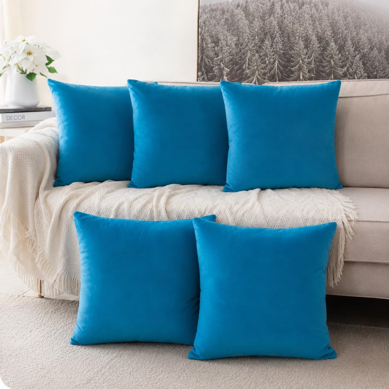 Khooti Velvet Cushion Cover, 18x18 | Bondi Blue | Pack of 5 | Solid Plain Soft & Smooth, Decorative Cushion Covers for Living Room, Bedroom, Couches, Chairs, Sofas, Beds & Home Decor