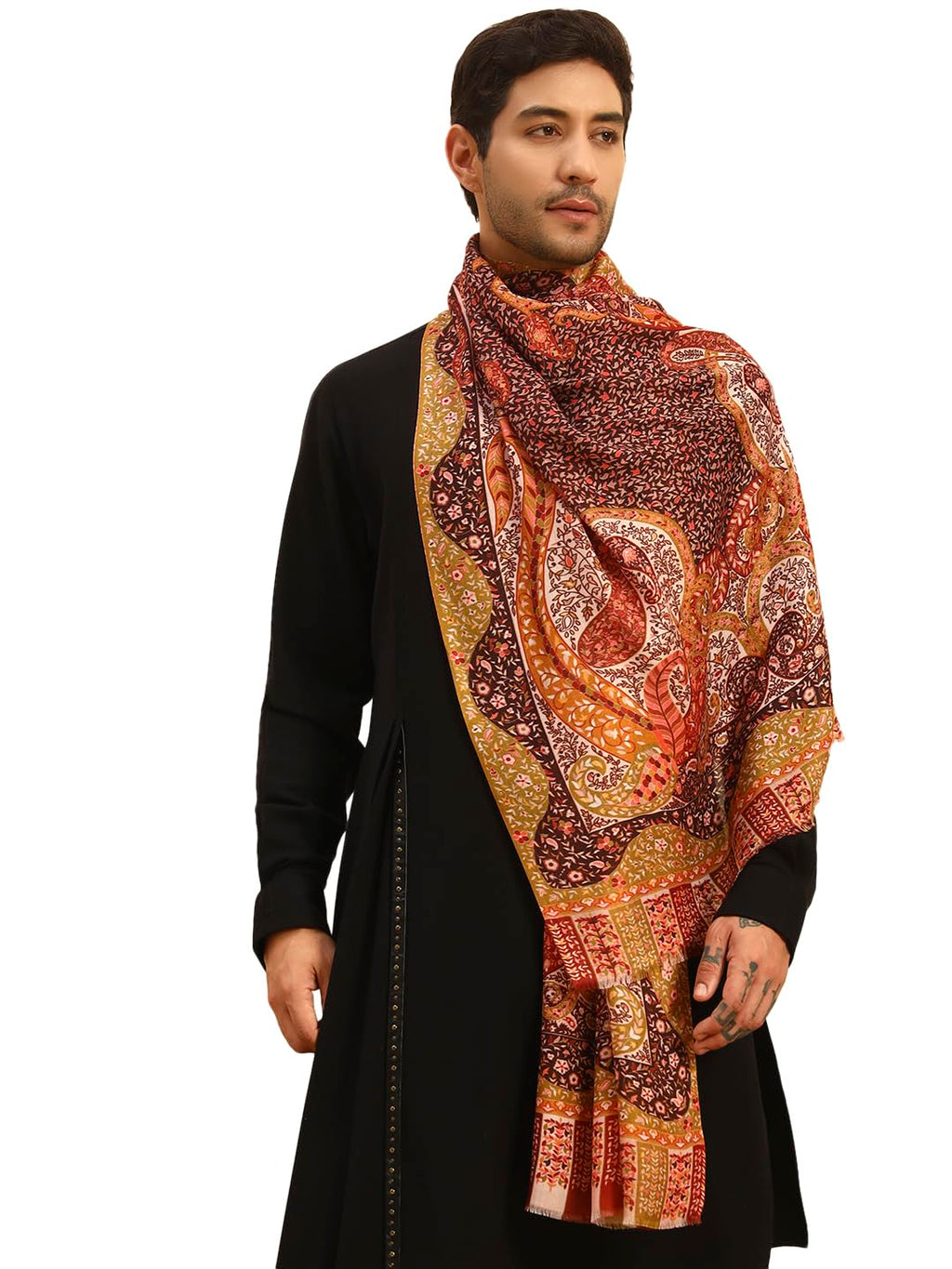 Pashmoda Men Royal Embers Fine Soft Bamboo Fibre Stole, Multicoloured Design, Evening Wrap, Luxury Pashmina Style Scarf, Wrap, Sustainable and Natural Fabric (Size 28x80, Orange colour) MISST33