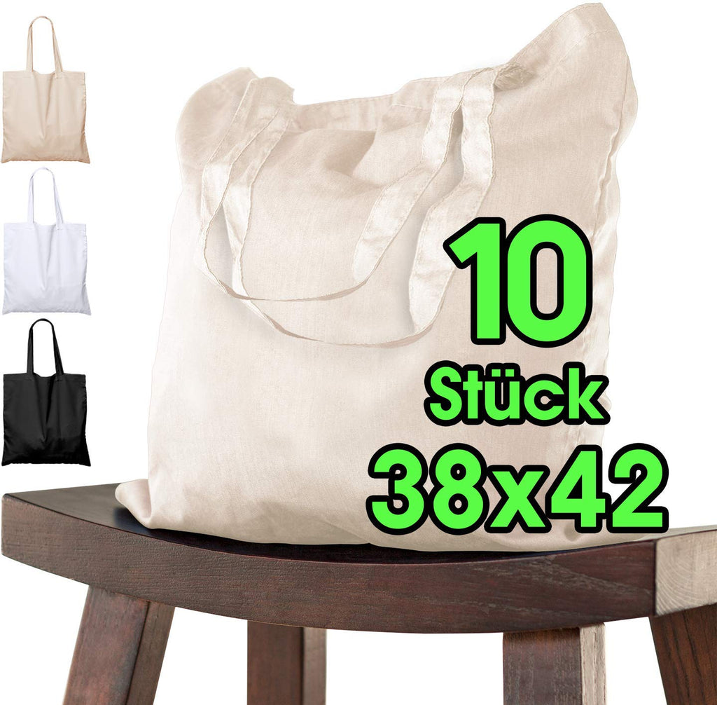 Pack of 10 Cotton Bags, 38 x 42 cm, Unprinted, Two Short Handles, Oeko-Tex® Certified Fabric Bag, Carry Bag, Cotton Bag, Shopping Bag, Jute Bag, Cloth Bag, Shopping Bag, Natural