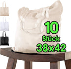 Pack of 10 Cotton Bags, 38 x 42 cm, Unprinted, Two Short Handles, Oeko-Tex® Certified Fabric Bag, Carry Bag, Cotton Bag, Shopping Bag, Jute Bag, Cloth Bag, Shopping Bag, Natural