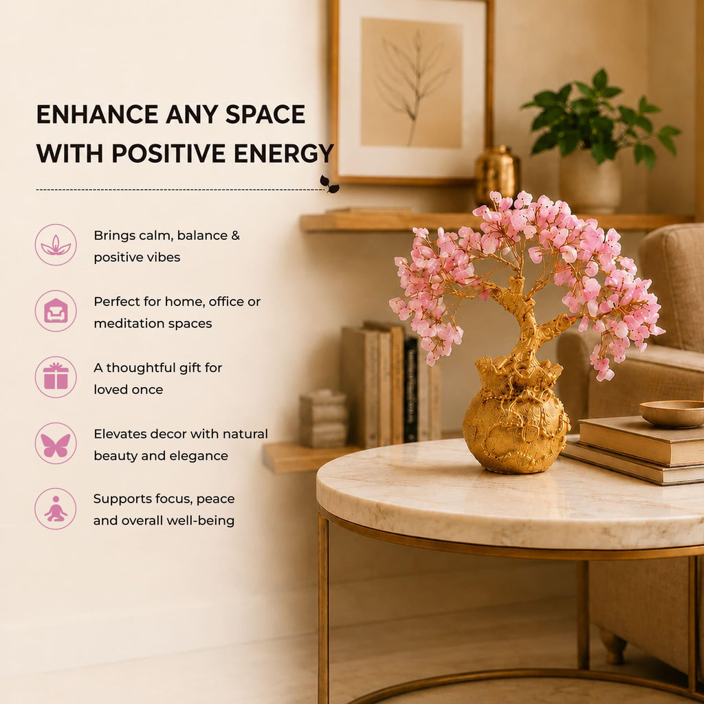 Habere India-All the Cultures Fabricating India Rose Quartz Crystal Tree in Gold Pot | Feng Shui Tree for Love, Harmony & Positive Energy | Healing Crystal Home Decor (L15 x W10 x H17 cm)