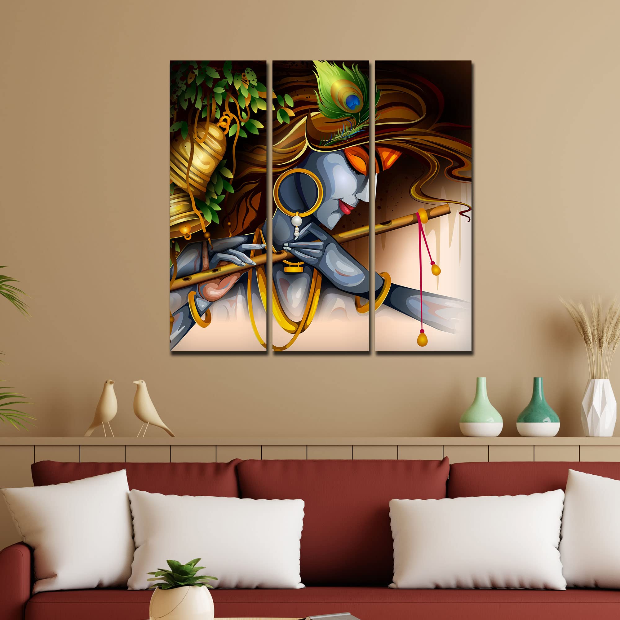 VIBECRAFTS 3 Pieces Krishna Playing Flute Canvas Wall Painting Fitted With Wooden Frame For Home | Office | Living Room | Gifts (PTVC3Pcs1_9538)