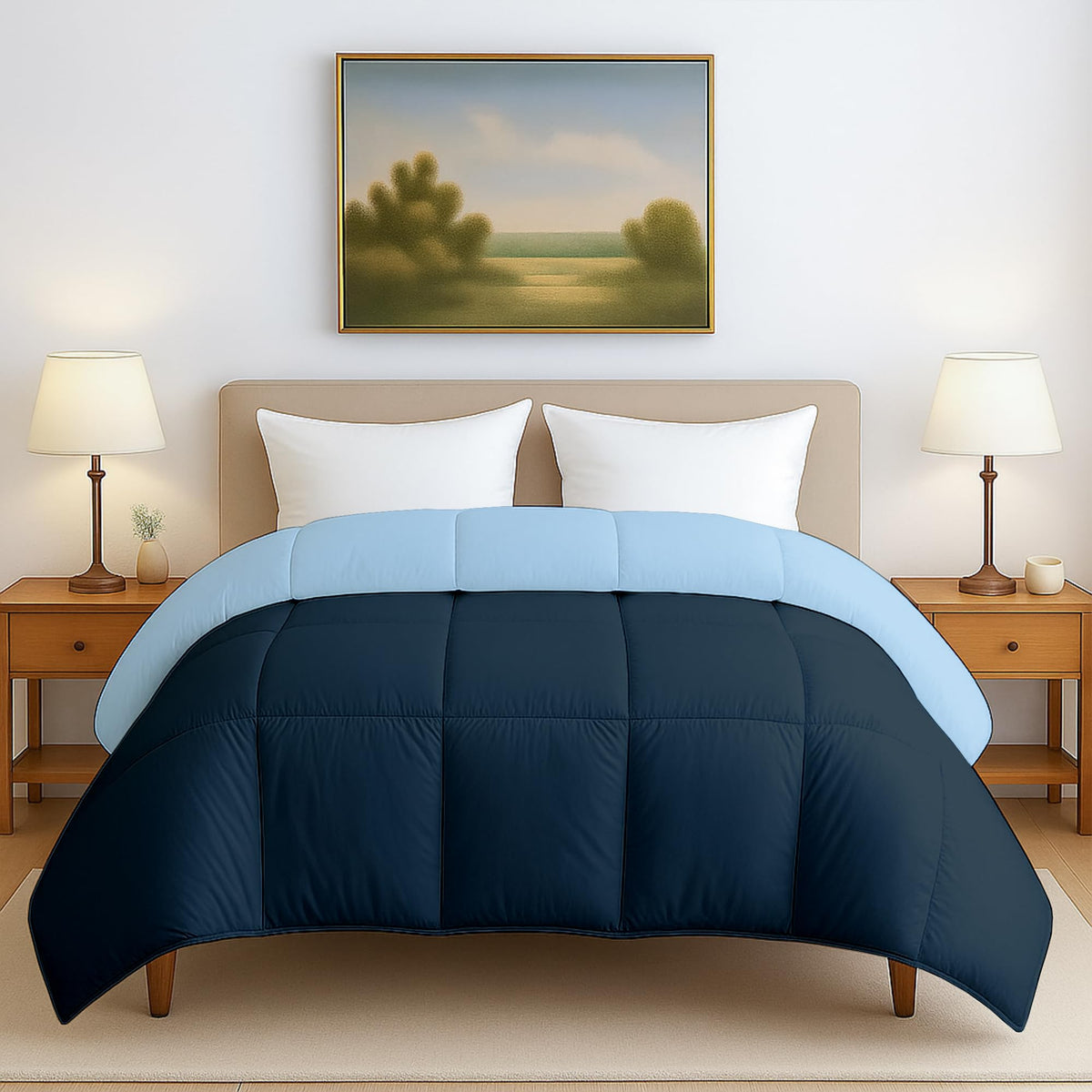 Heavy Winter Bed Comforter for Double Bed - 500 GSM Ultra Warm Quilt Blanket/Rajai - Light Blue and Navy Blue - Down Alternative Microfiber Duvet Insert with Corner Ties - Winter Season Premium Kafalo