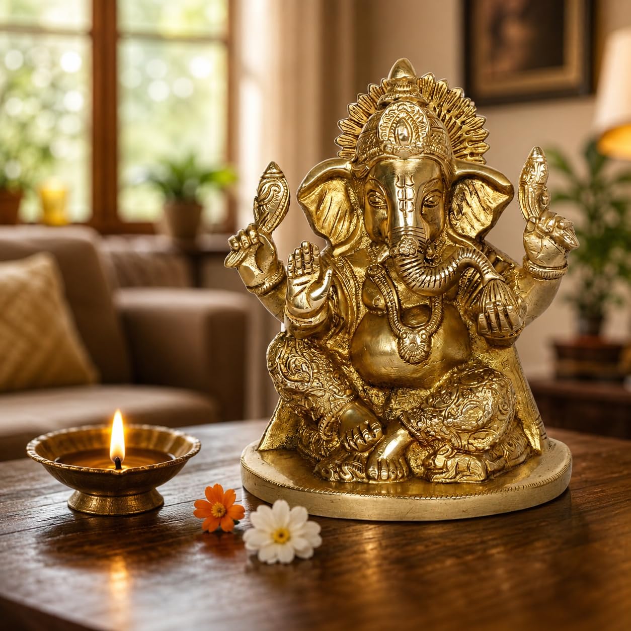 ARTVARKO Brass Ganesh Idol Statue Ganesha Vinayak Ganpati Sitting Home Entrance Décor Temple Puja Gift Height 7 Inch