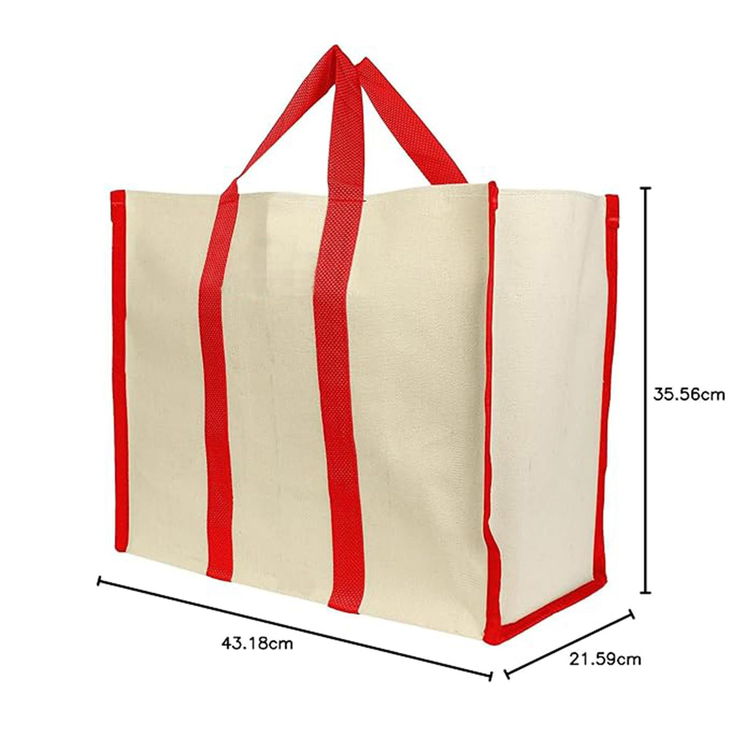 Metsi Big Eco Cotton Canvas Shopping Bag | Large Laminated Reusable Grocery Tote with Reinforced Handles | Heavy Duty, Foldable, Washable, Jhola Bag for Milk, Fruits & Vegetables, Red - Pack of 5