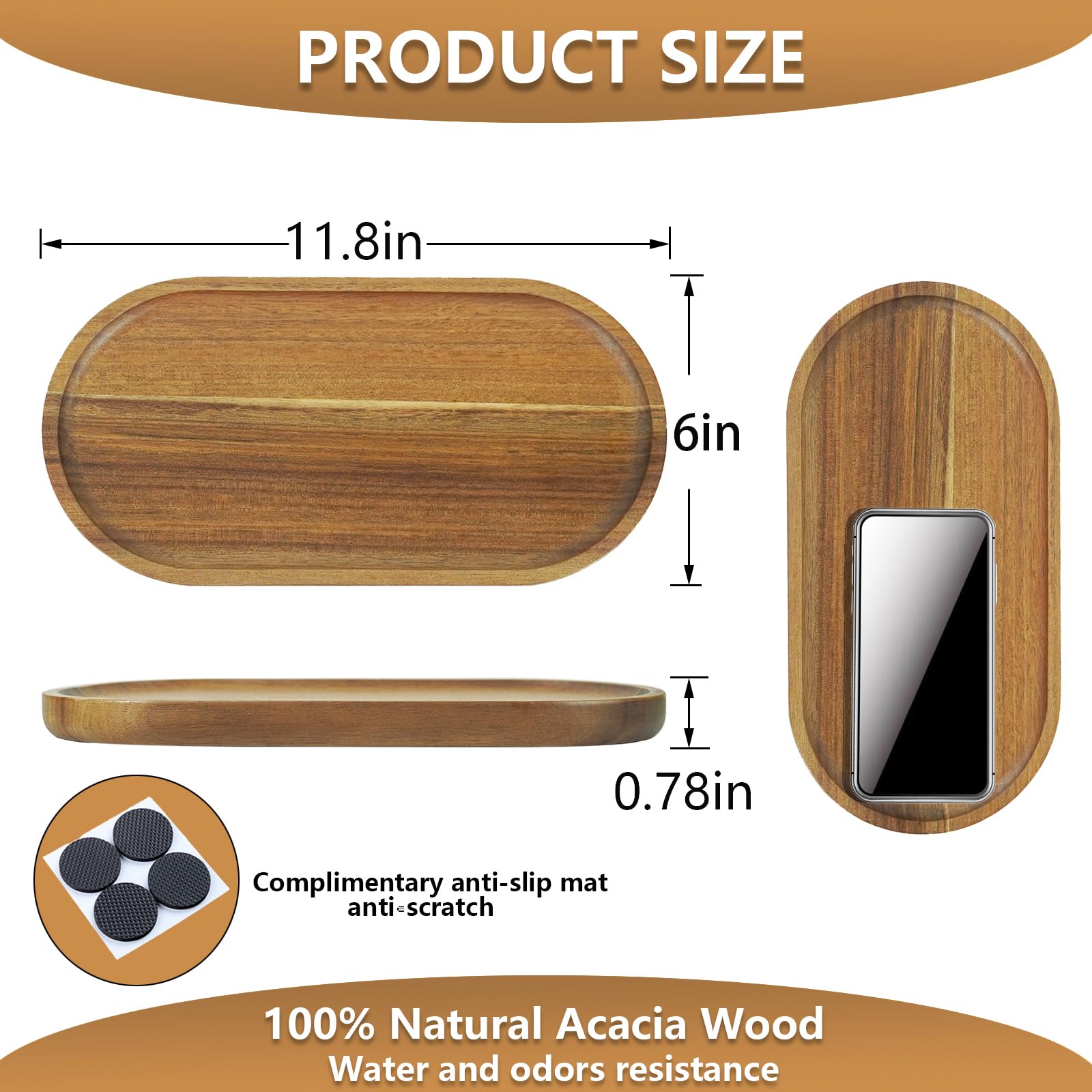 MERHADWJOD 1 pcs Acacia Wood Tray 11.8×6 inch Boards Rustic Wooden Serving Trays Oval Platters Charcuterie for Party,Breakfast, Coffee Table, Home Decorative, Food Small Trays
