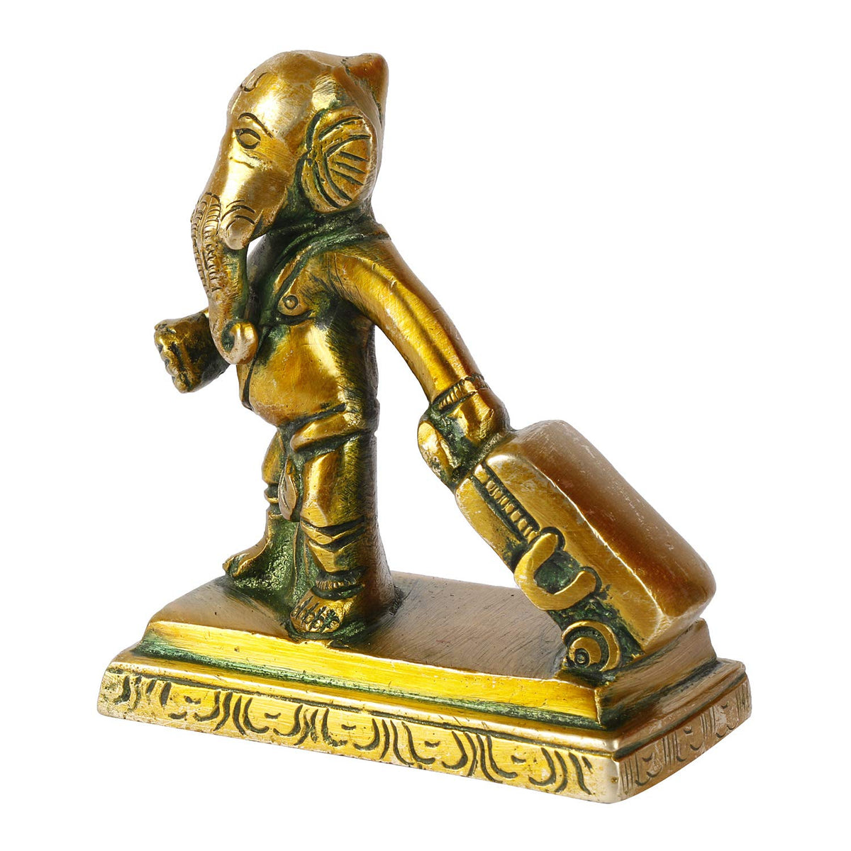ARTVARKO Brass Ganesha Travelling Ganesh with Suitcase Bag Idol Statue (3.5x4 Inch Greenish Gold)