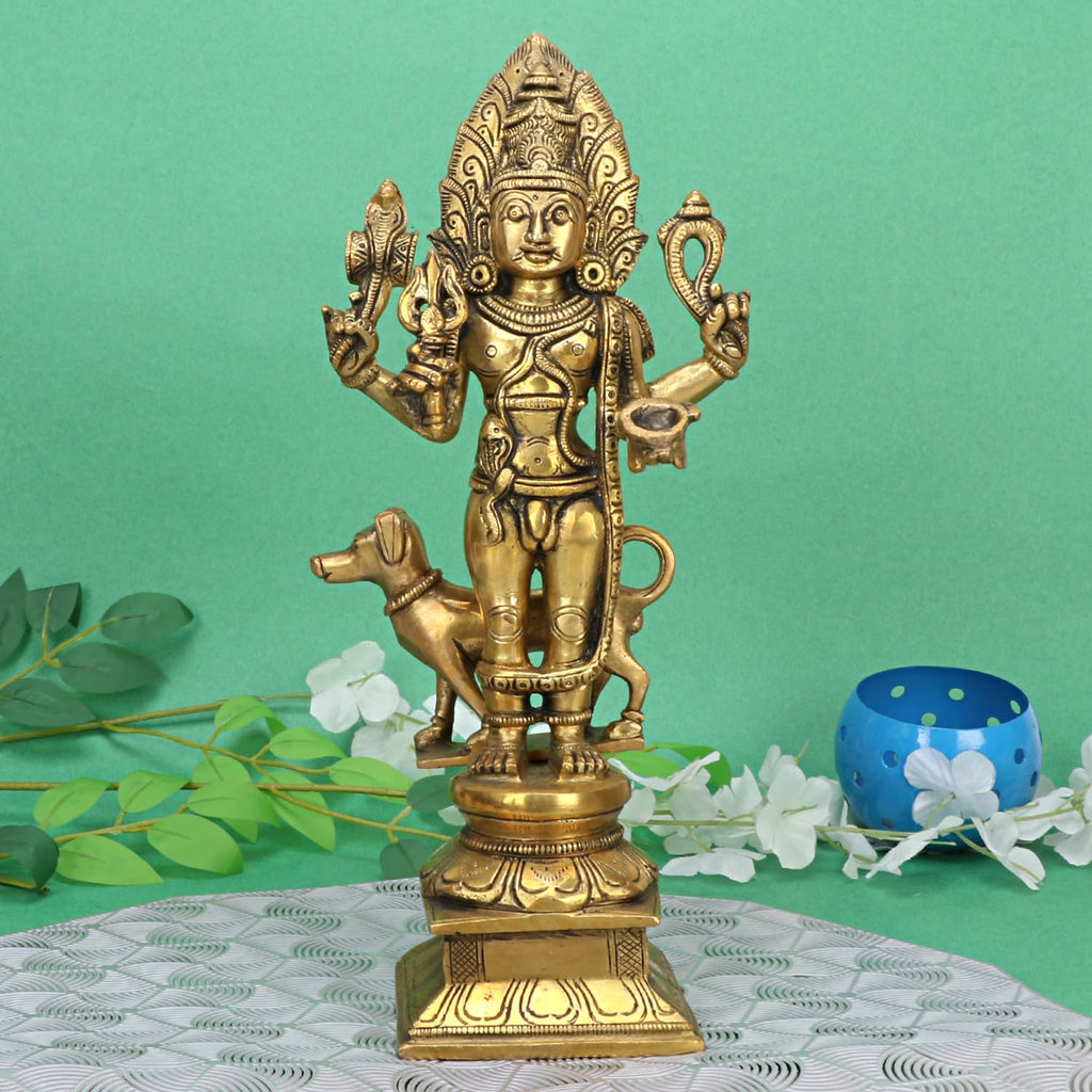 SVARUP Brass Kaal Bhairava with Dog Statue Maha Kala Murti Batuk Bhairava Puja Home Decor Idol Gold Color 11.5 Inch