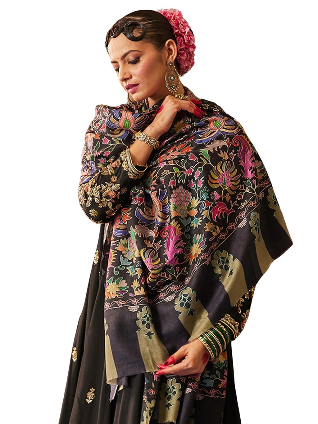 Pashmoda Women Shaheen Fine Wool Fabric Pashmina Kalamkari Embroidered Shawl, Stole and Wrap, Sustainable and Natural Fabric, Heritage Kashmiri Pashmina(Size 40x80)