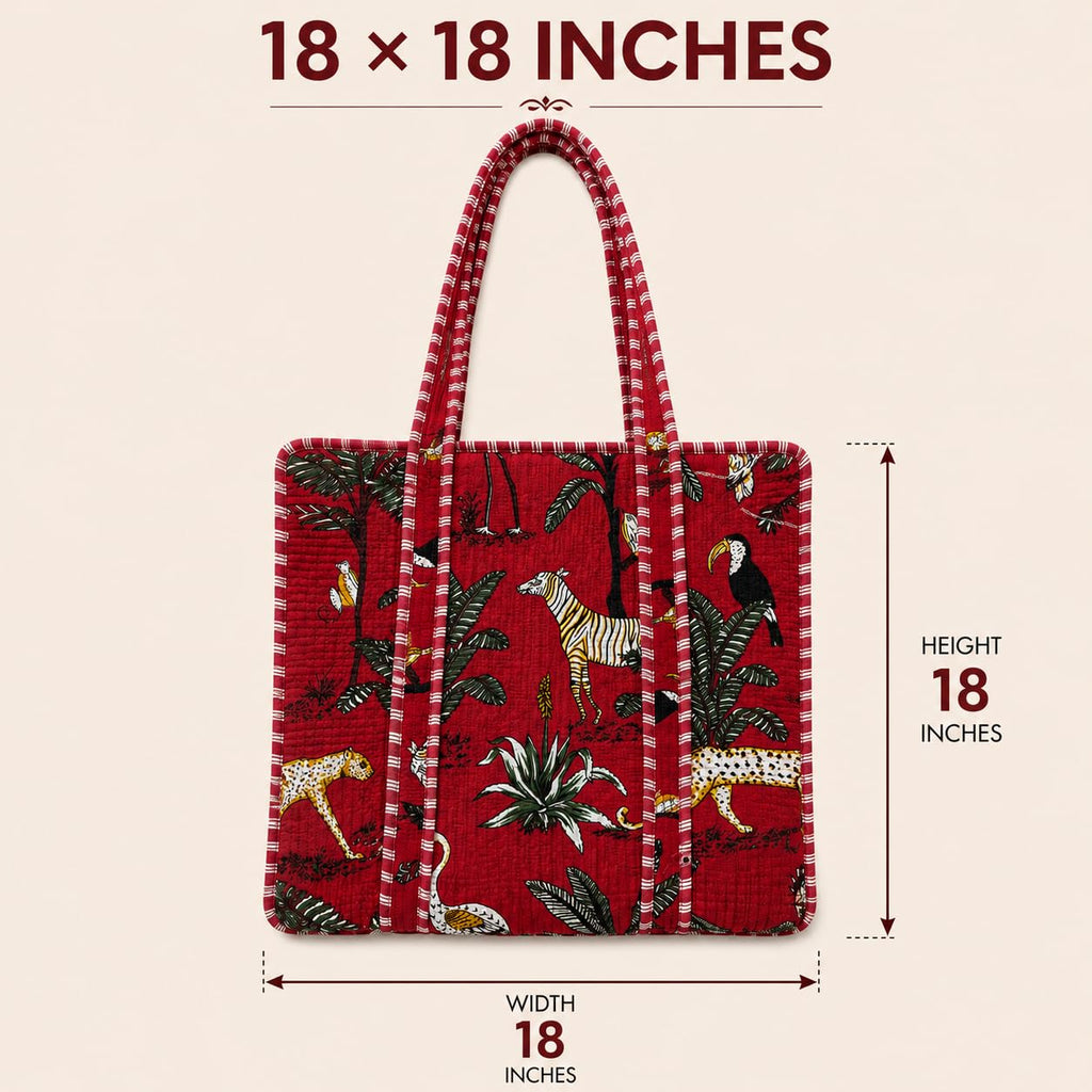 ArbaanHouse Quilted Cotton Tote Bag for Women, Large 18 x 18 Inch Shopping Bag, Wildlife Print, Reusable Shoulder Bag