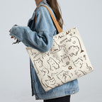 wolpin Women Shopping Grocery Tote Bag Beige | Reusable Cotton Shoulder Handbag with Pocket | Zipper Closure Travel Carry Bag Multipurpose | Funny Cat Printed Classic Tote