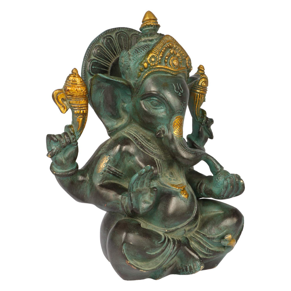 ARTVARKO Brass Antique Bhagwan Ganesha in Blessing Posture | Ganpati in Gold Green Home Entrance Office Decor Idol Marriage Gift Murti Pooja 8 Inch