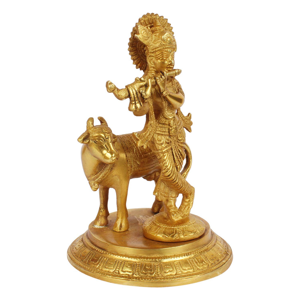 ARTVARKO Brass Krishna Playing Flute with Cow Idol Sculpture Home Decor for Living Room Pooja Gift Item (LxBxH 5x5x7.5 Inch 2 Kg)