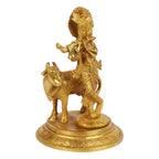 ARTVARKO Brass Krishna Playing Flute with Cow Idol Sculpture Home Decor for Living Room Pooja Gift Item (LxBxH 5x5x7.5 Inch 2 Kg)