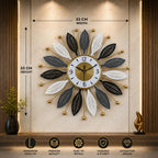 Luxury Metal Sunburst Leaf Wall Clock, Large Decorative Silent Clock, Black, White and Gold, for Living Room, Bedroom, Office