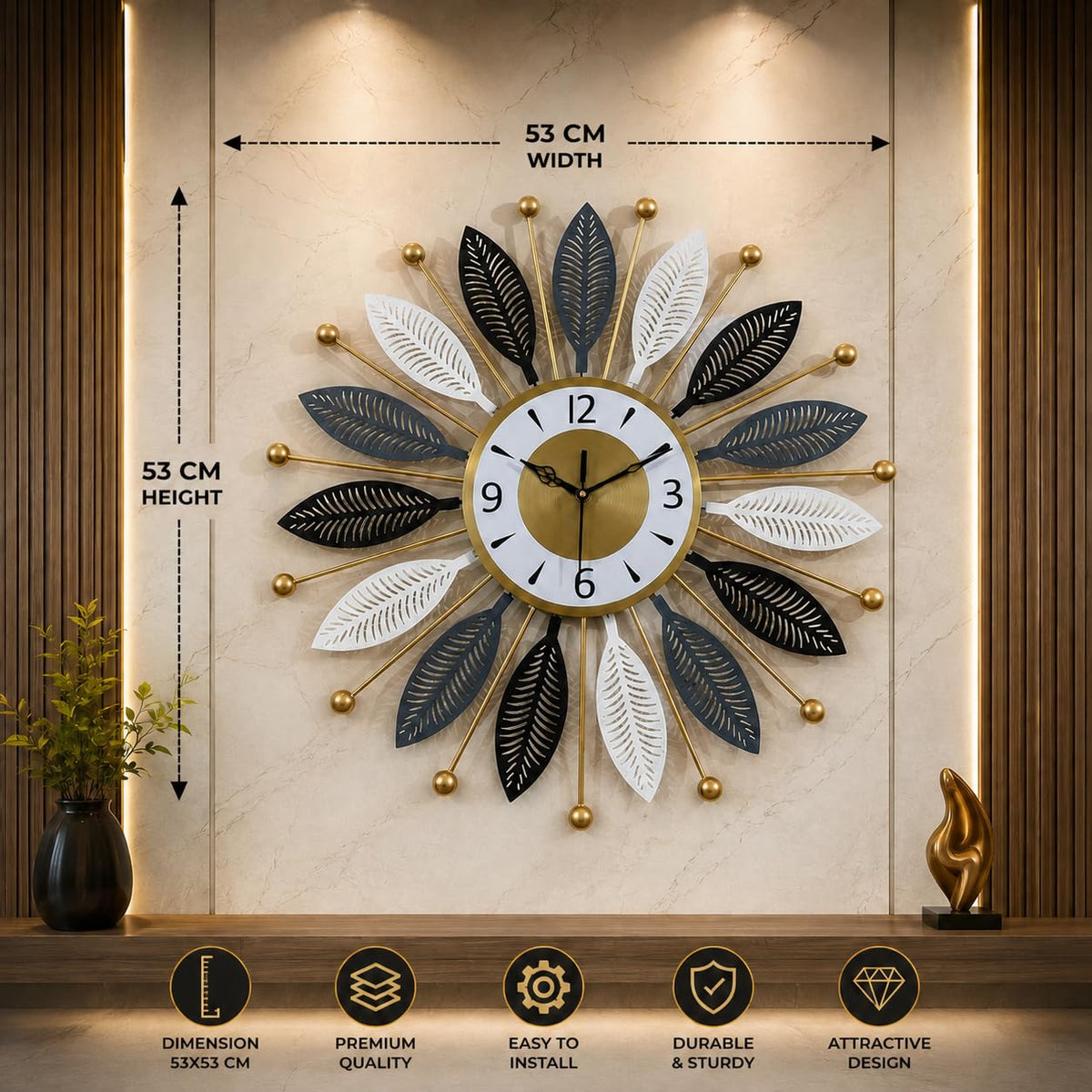 Luxury Metal Sunburst Leaf Wall Clock, Large Decorative Silent Clock, Black, White and Gold, for Living Room, Bedroom, Office