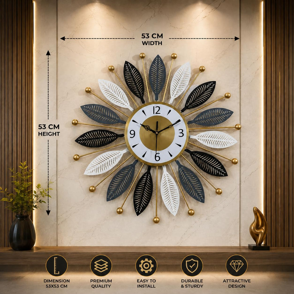 Mahira Artefacts Luxury Metal Wall Clock, Modern Sunburst Leaf Design, Black, White and Gold, Silent Non-Ticking, for Living Room, Bedroom and Office Decor
