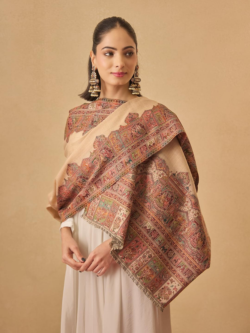 Pashmoda Women Arcadia Borders Kashmiri Jamawar Woven Design Shawl (Size: 40x80in, 101x203cm) SECS55