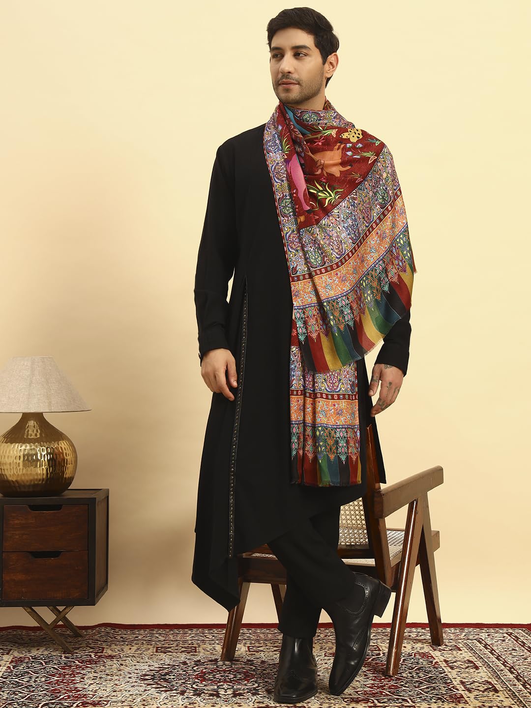 Pashmoda Men Royal Fine Soft Bamboo Fibre Stole, Multicoloured Design, Evening Wrap, Luxury Pashmina Style Scarf, Wrap, Sustainable and Natural Fabric (Size 28x80, Brown colour) MISST31